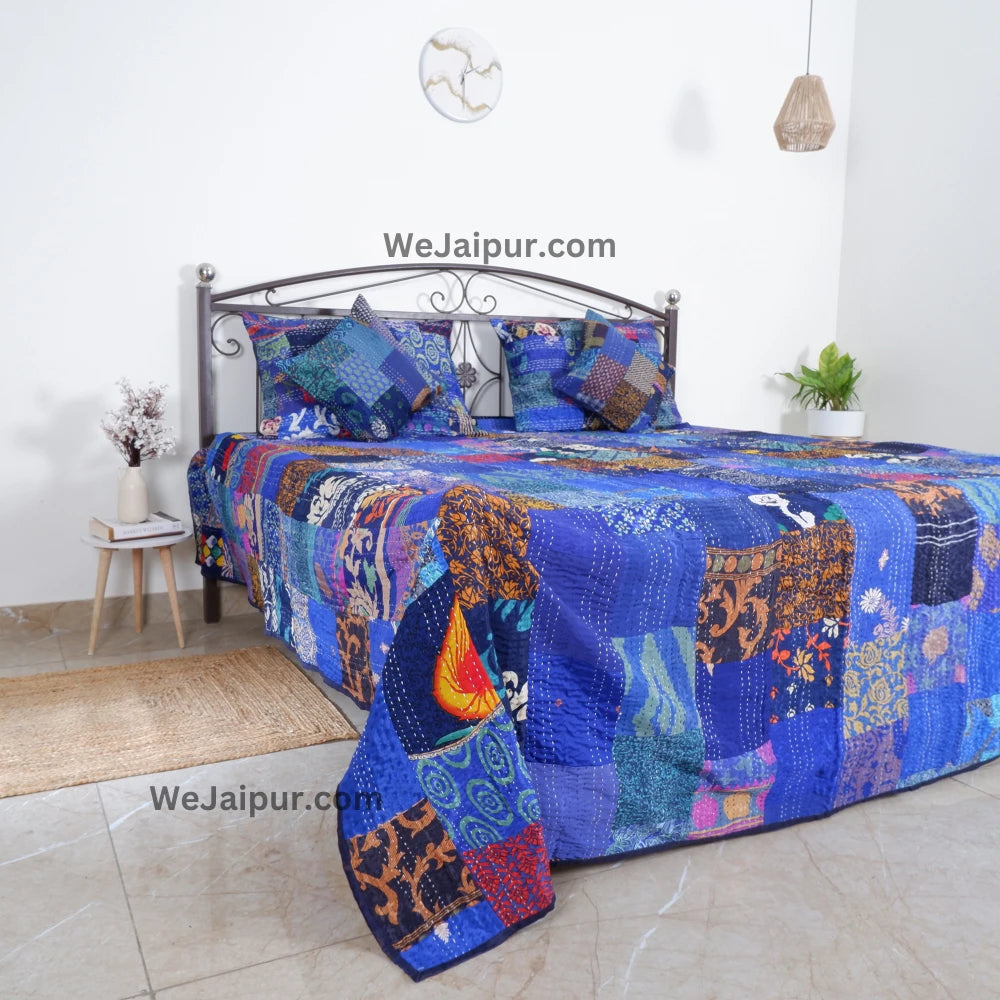 Handmade Jaipuri Quilt in Blue Patchwork - 100% Cotton