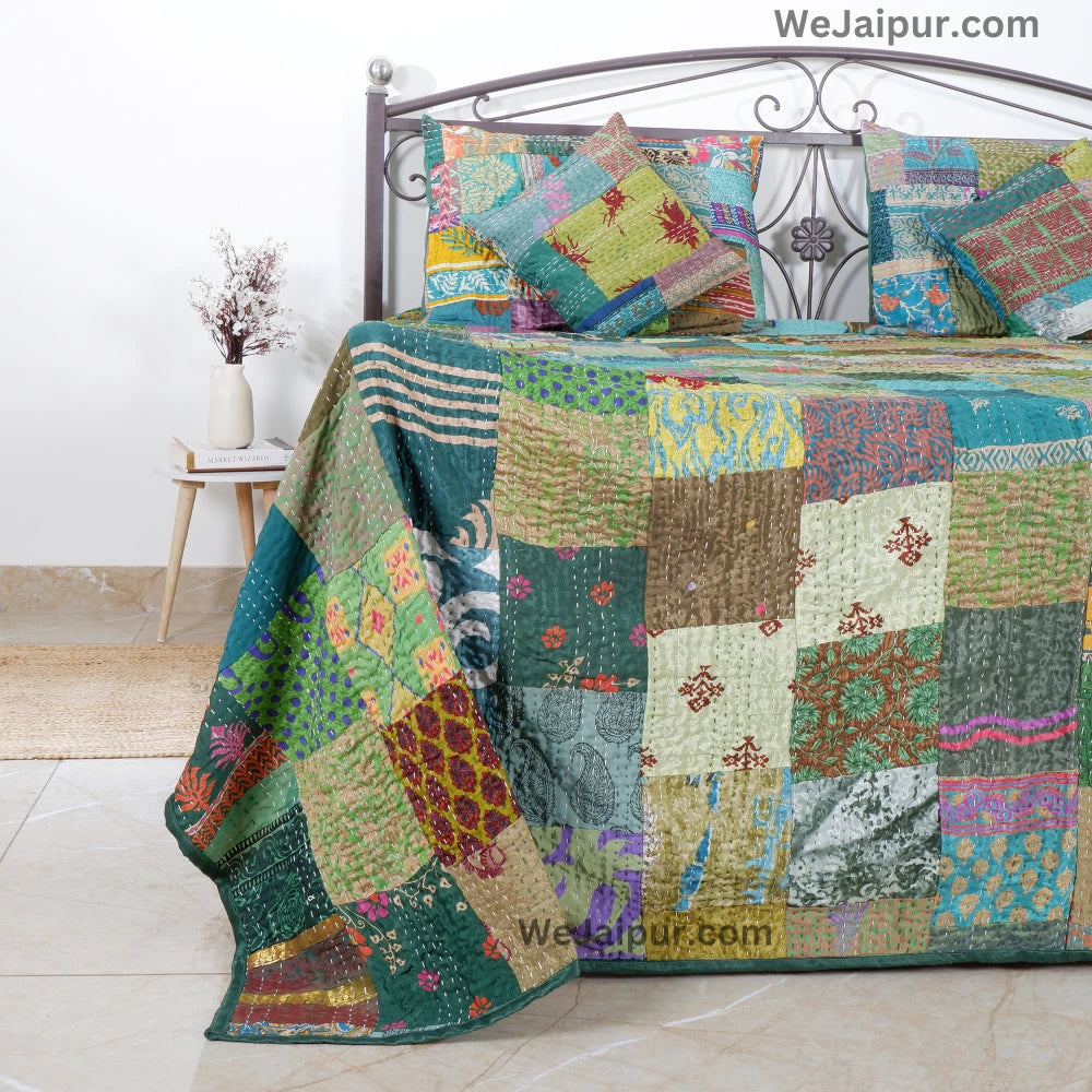 Green Handcrafted Patchwork Quilt - Pure Cotton & Skin Friendly