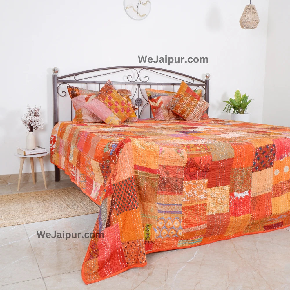 Handcrafted Orange Patchwork Cotton Quilt