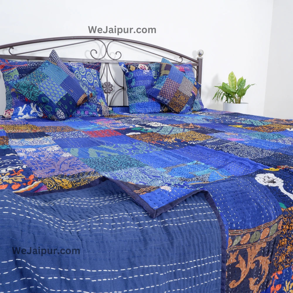 Handmade Jaipuri Quilt in Blue Patchwork - 100% Cotton