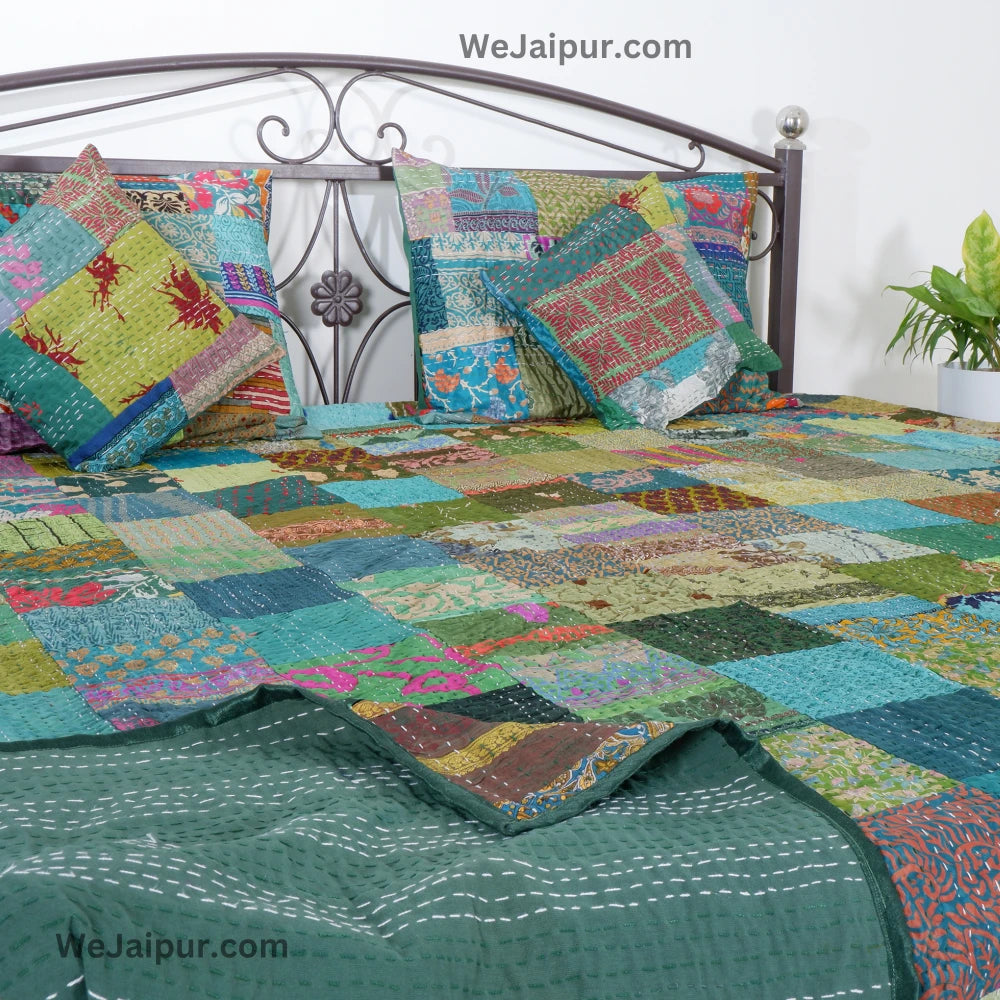 Green Handcrafted Patchwork Quilt - Pure Cotton & Skin Friendly