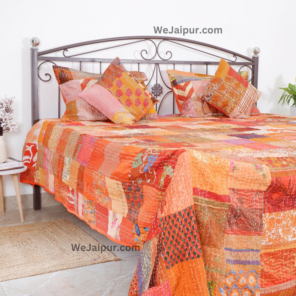 Handcrafted Orange Patchwork Cotton Quilt