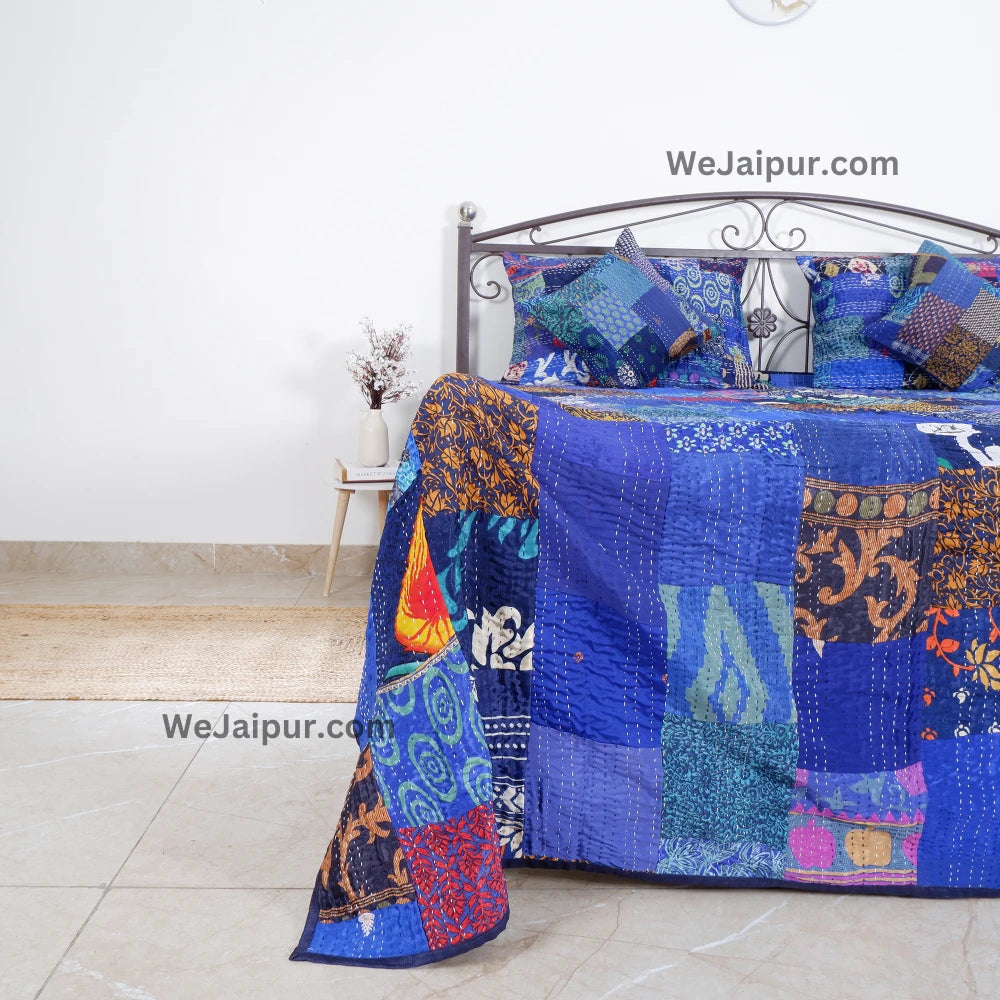 Handmade Jaipuri Quilt in Blue Patchwork - 100% Cotton