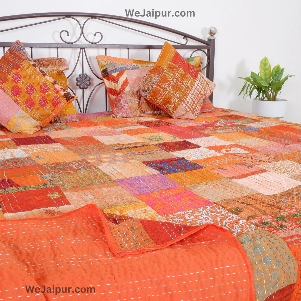 Handcrafted Orange Patchwork Cotton Quilt