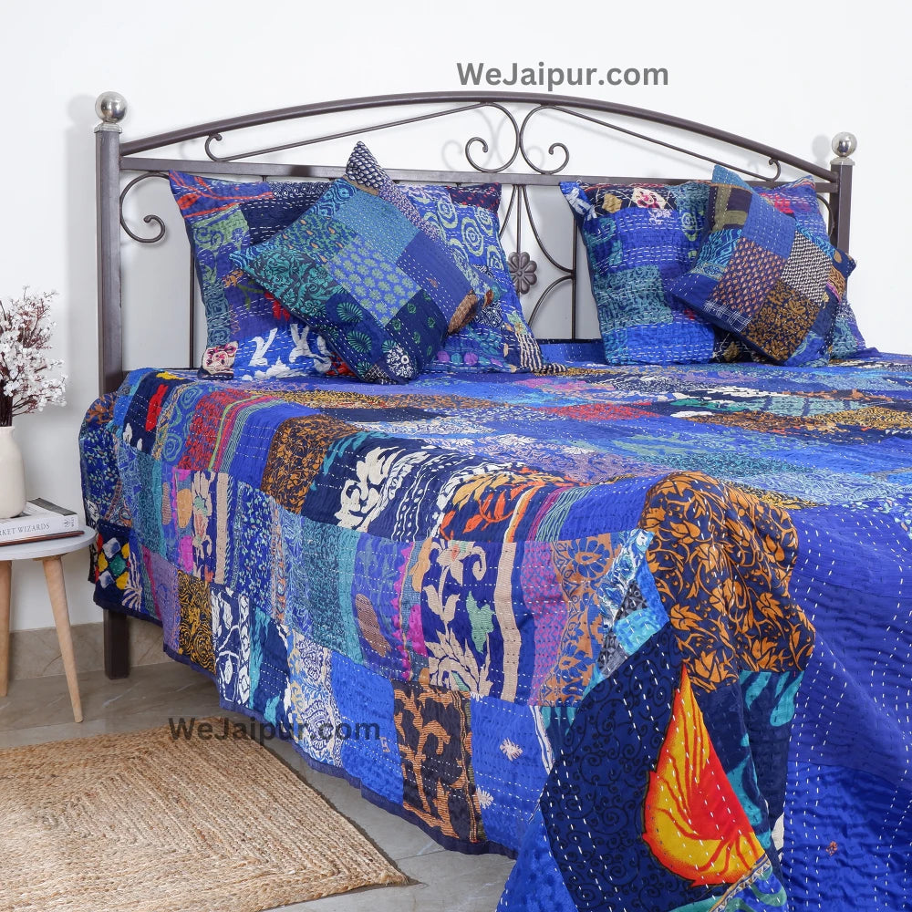 Handmade Jaipuri Quilt in Blue Patchwork - 100% Cotton