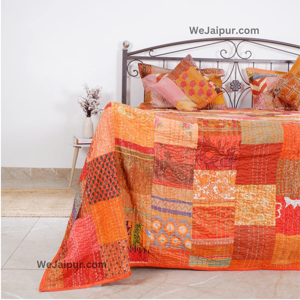 Handcrafted Orange Patchwork Cotton Quilt