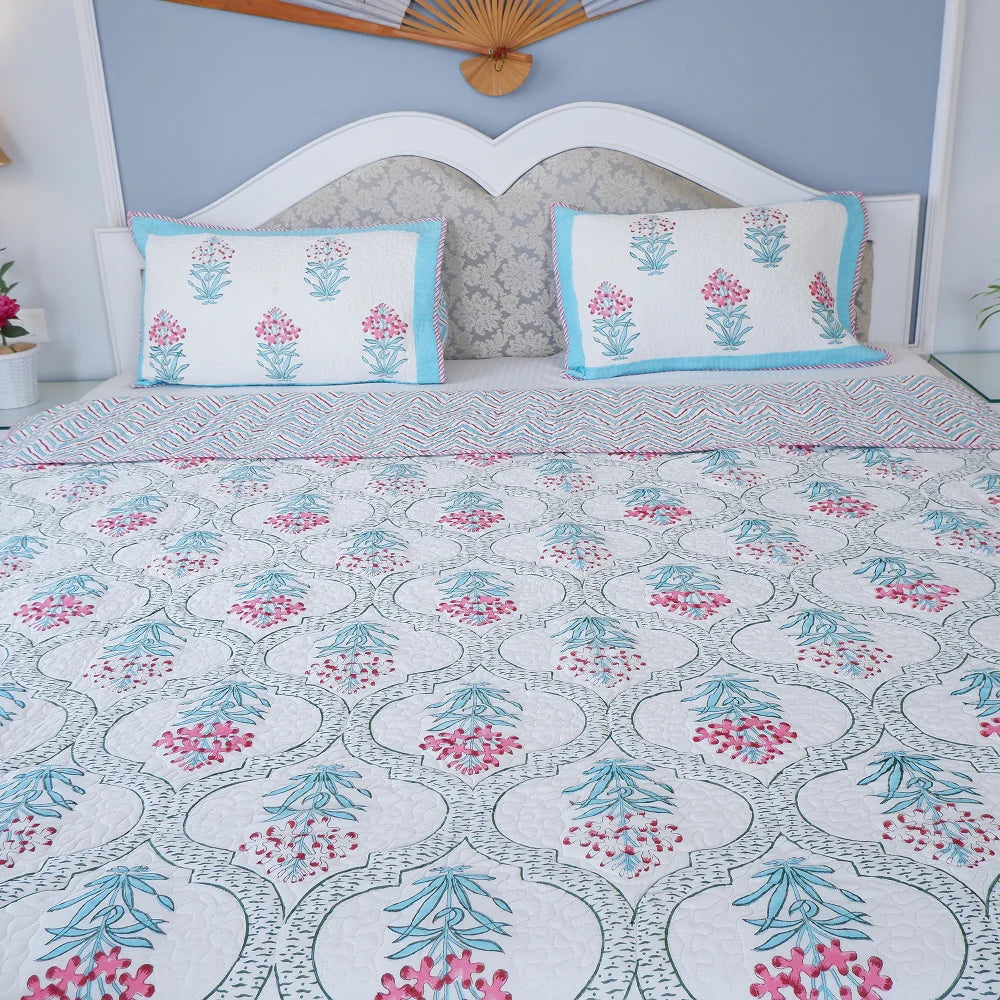 Handcrafted Blue Flower Patterned Bedcover