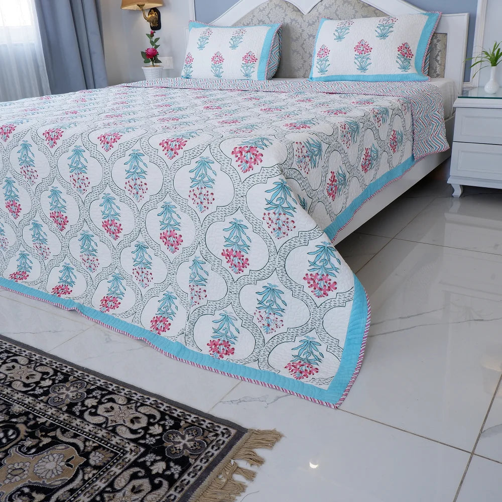 Handcrafted Blue Flower Patterned Bedcover