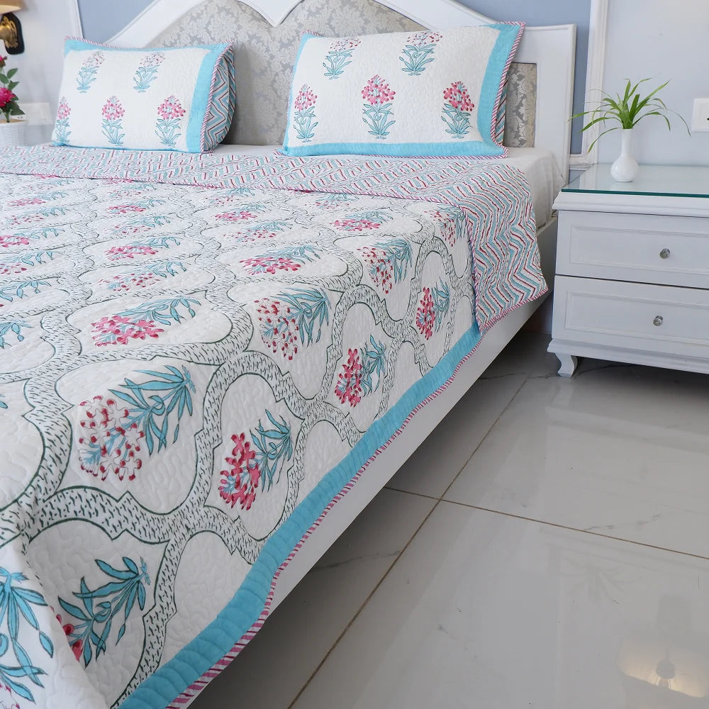 Handcrafted Blue Flower Patterned Bedcover