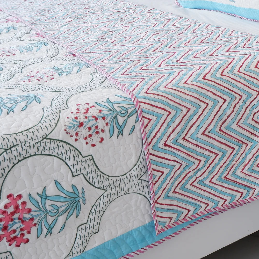 Handcrafted Blue Flower Patterned Bedcover