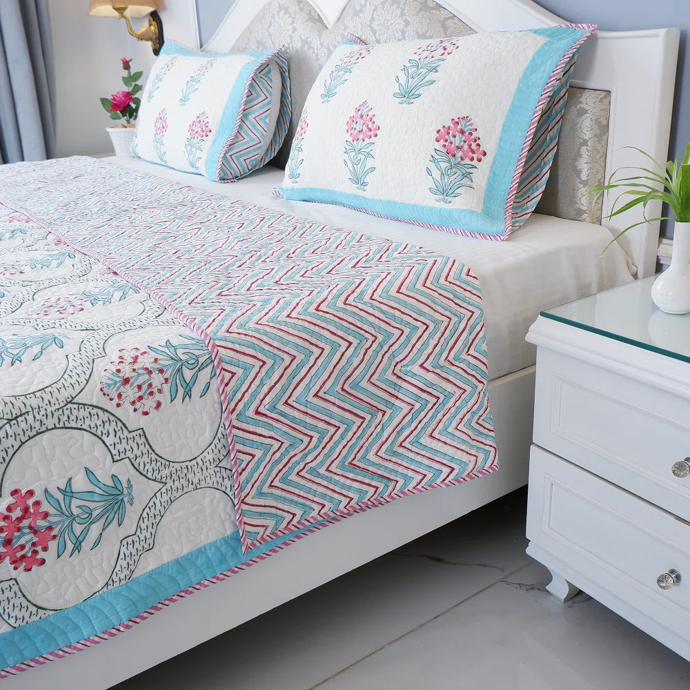 Handcrafted Blue Flower Patterned Bedcover