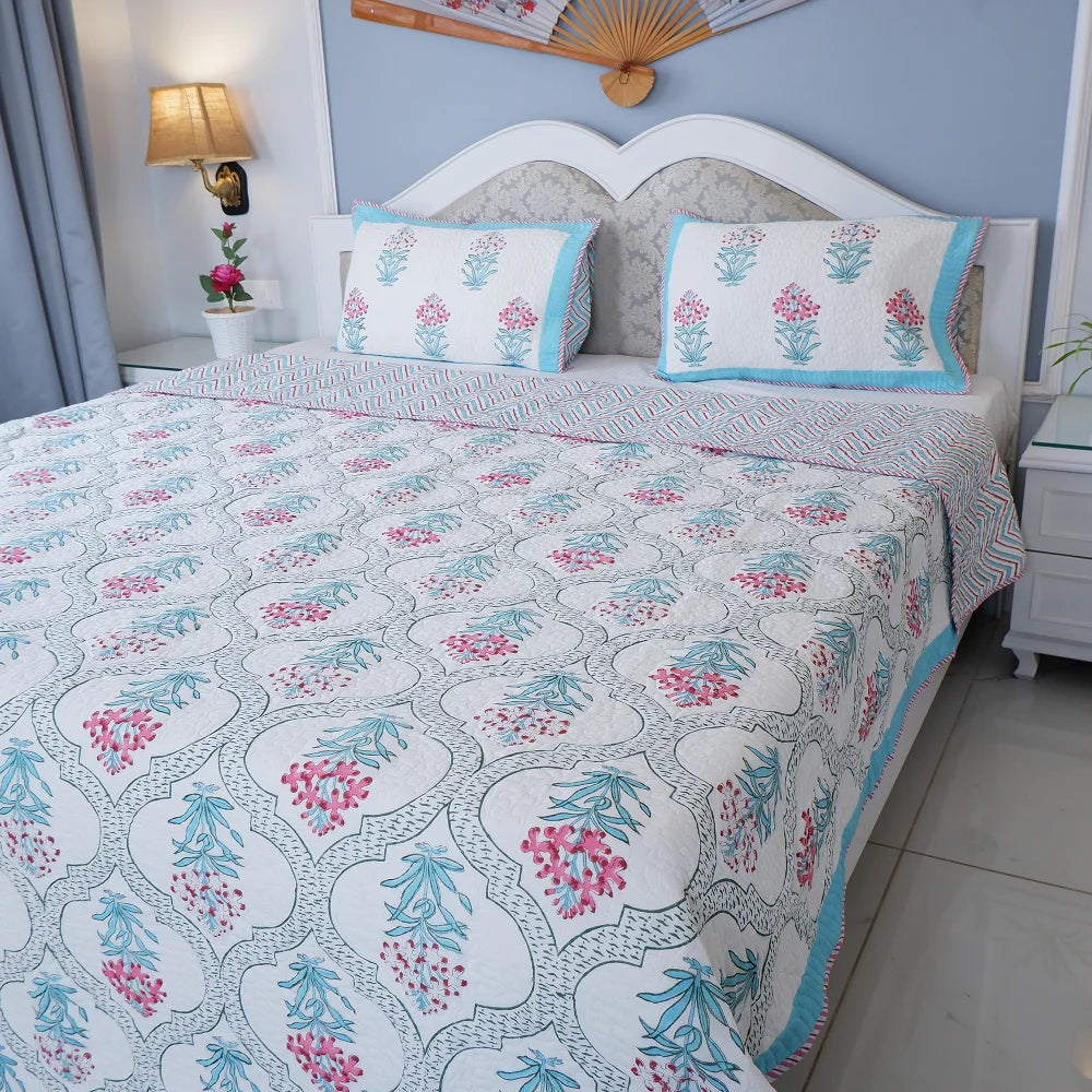 Handcrafted Blue Flower Patterned Bedcover