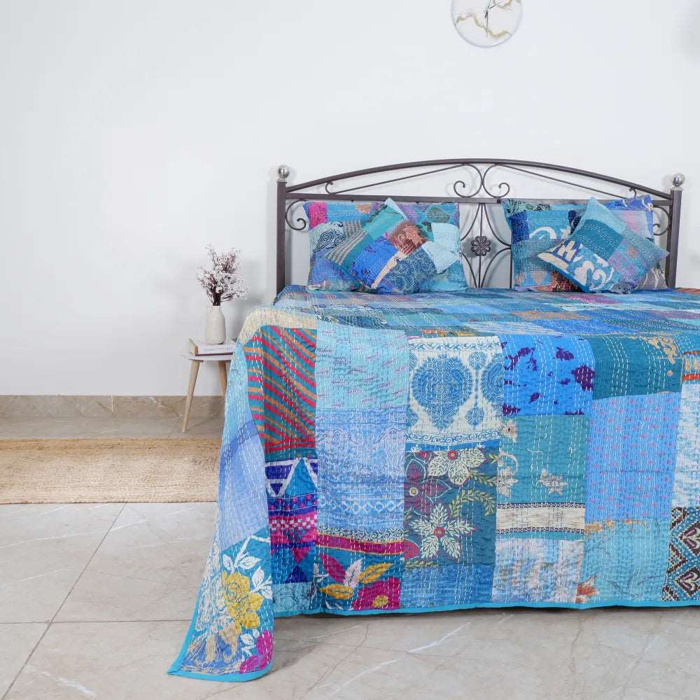 ORGANIC HANDCRAFTED PATCHWORK QUILT-TURQUOISE - Jaipurr