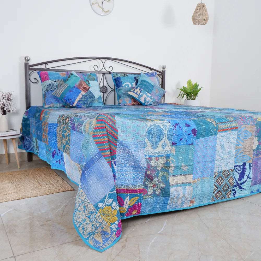 ORGANIC HANDCRAFTED PATCHWORK QUILT-TURQUOISE - Jaipurr
