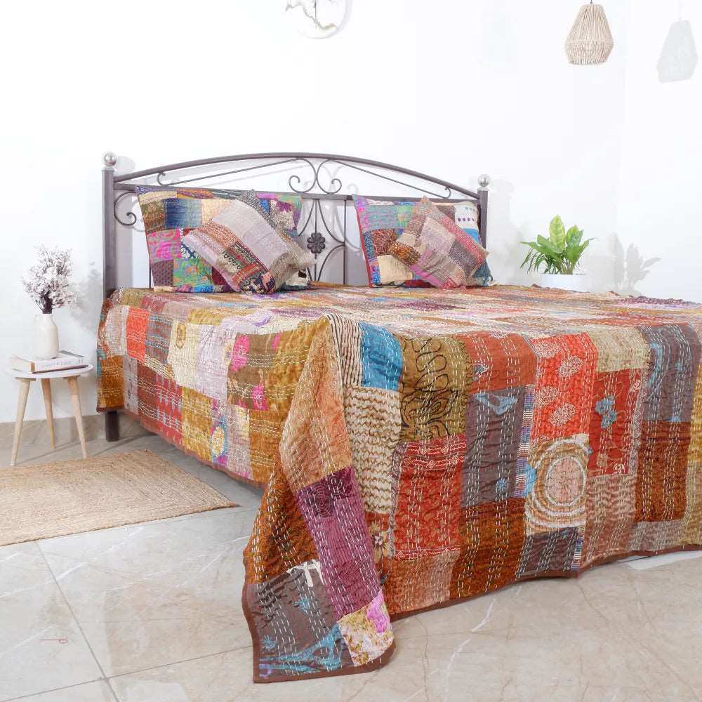 ORGANIC HANDCRAFTED PATCHWORK QUILT-COFFEE - Jaipurr